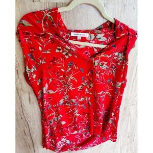 Rose Olive Blouse Womens Red Floral V Neck Cap Sleeve Pullover Crossover Top